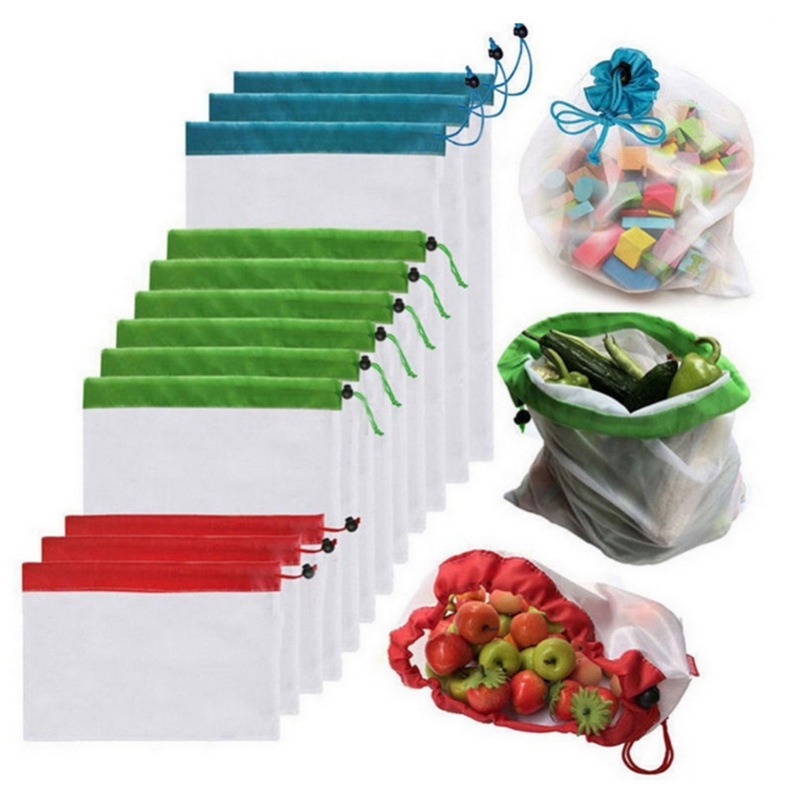Produce Bag Reusable Mesh - ถุงตาข่ายเก็บผักผลไม้แบบใช้ซ้ำได้ 12 ชิ้น สำหรับแช่เย็น รักษาความสดใหม่ ซักล้างได้