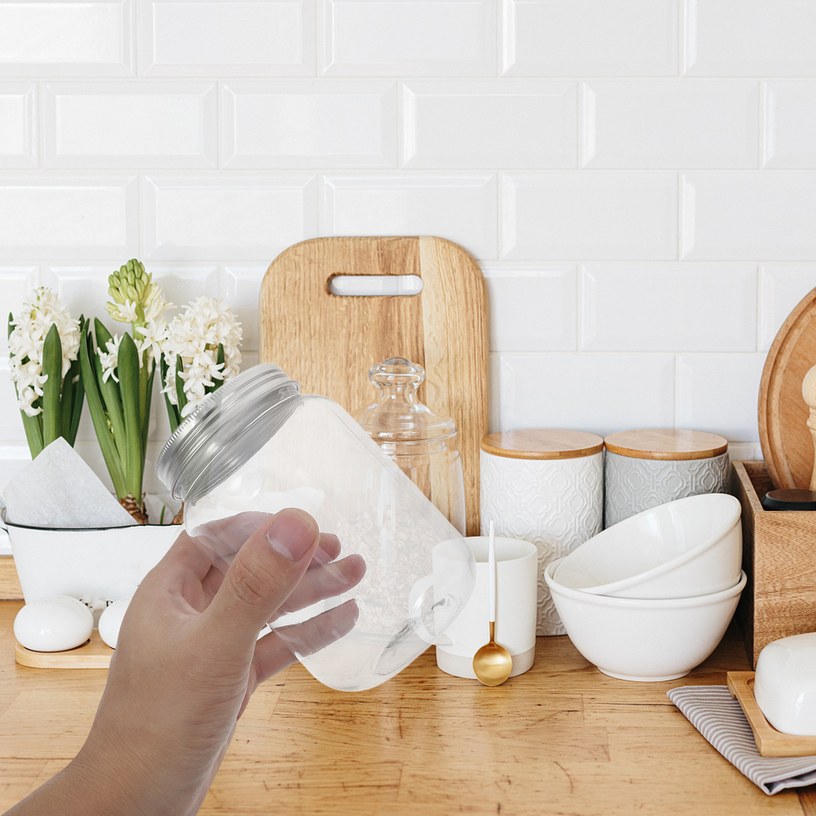 Food Storage Jars With Lids - ขวดพลาสติกใส 4 ชิ้น พร้อมฝาปิดสุญญากาศ สำหรับเก็บอาหารแห้ง ขนม