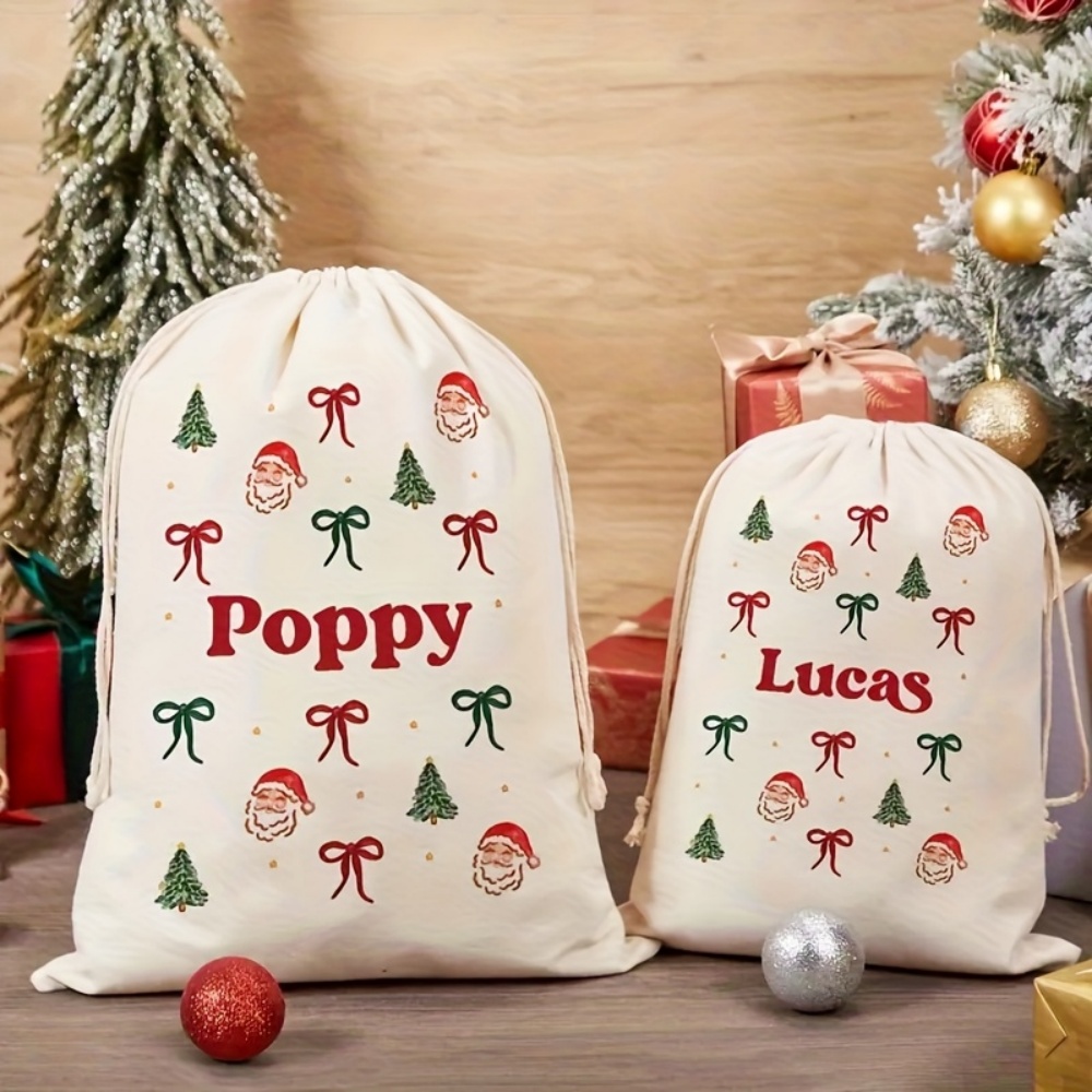 Food Storage Name - ถุงผ้ารูดลายซานต้าและโบว์คริสต์มาสแบบเรียบง่ายสั่งทำได้, ถุงของขวัญวันหยุดลายผ้าลินินพร้อมชื่อสั่งทำ, ถุงเก็บของขวัญคริสต์มาส
