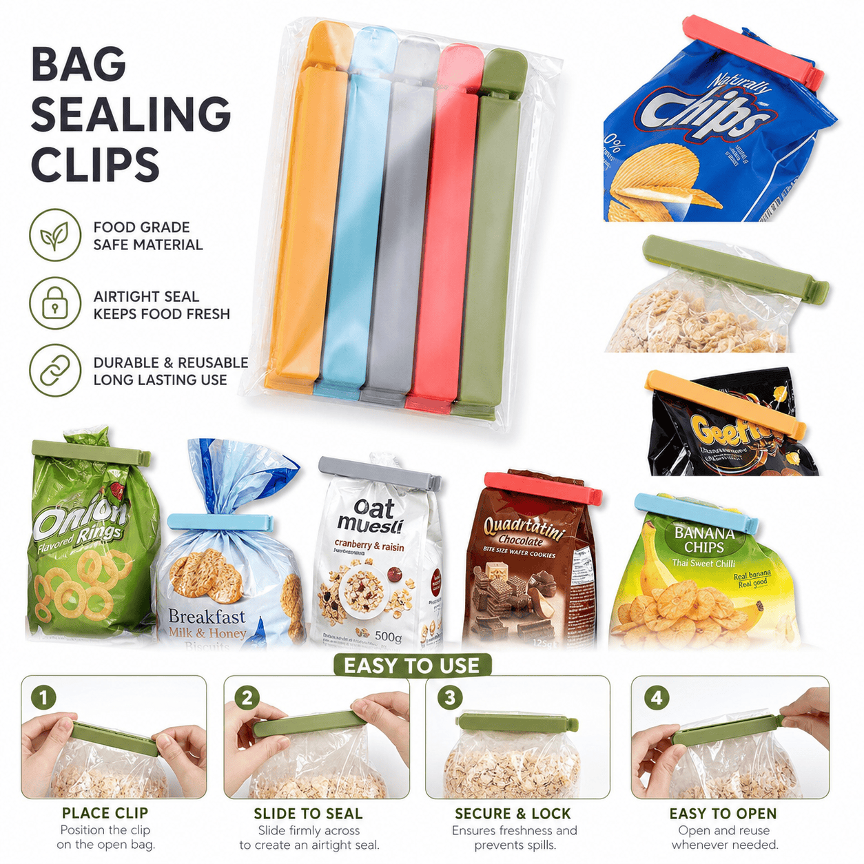 Food Storage Plastic Bag - คลิปหนีบถุงพลาสติก 5 ชิ้น, แท่งซีลปิดถุงอาหารแบบใช้ซ้ำได้สำหรับถุงขนม