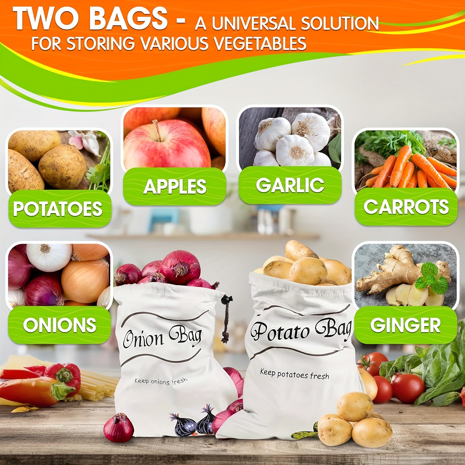 Food Storage Roots - ถุงผ้าแคนวาสสำหรับเก็บผักแบบใช้ซ้ำได้ 2 ชิ้น, ผ้าฝ้ายลินินปลอดภัยสำหรับอาหาร, ถุงเก็บผักที่ระบายอากาศได้สำหรับหัวหอม, มันฝรั่ง,