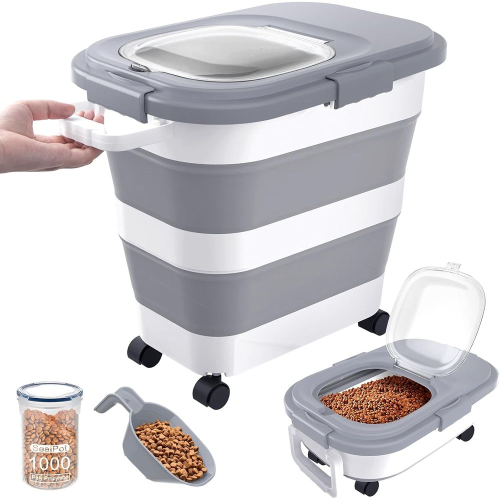 Food Storage Small - ภาชนะเก็บอาหารสุนัขแบบปิดสนิท, ภาชนะเก็บอาหารสัตว์เลี้ยงขนาดใหญ่แบบพับได้พร้อมฝาปิด, ล้อ, ที่จับ, ที่ตัก, ภาชนะเก็บอาหารแมวขนาดเล็ก