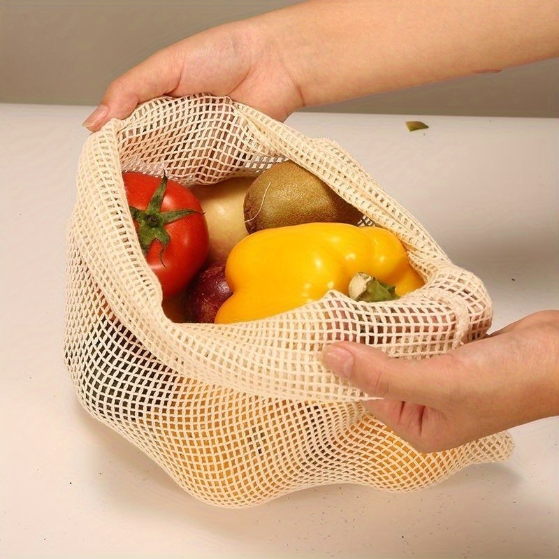 Produce Bag Reusable Mesh - ถุงตาข่ายผ้าฝ้ายแบบใช้ซ้ำได้ 1 ชิ้น, ถุงตาข่ายเก็บของแบบมีเชือกสำหรับใส่ผัก, ผลไม้ และของชำ