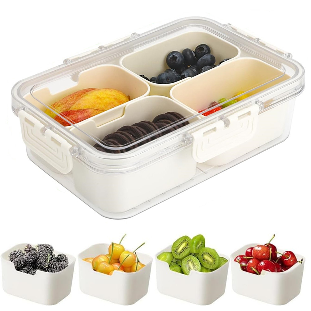 Food Storage Drawer Organizer - กล่องเก็บอาหารแบบพกพา, กล่องเก็บขนม, 4 ช่องพร้อมฝาปิด, ถาดแยกสำหรับเสิร์ฟ, กล่องขนมสำหรับครัว,