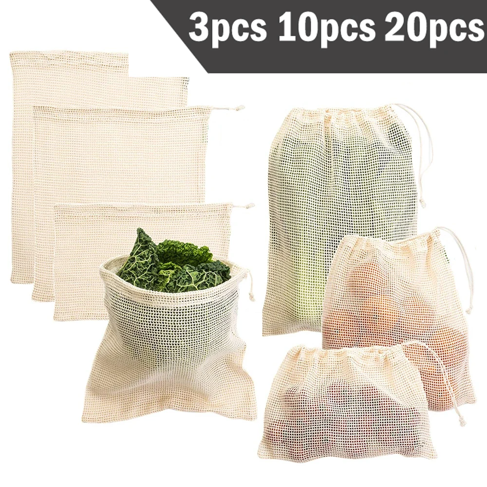 Produce Bag Reusable Mesh - 3 6 10pcs ผลิตชุดกระเป๋า Eco กระเป๋าผ้าฝ้ายตาข่ายผักกระเป๋าสําหรับผักผลไม้กระเป๋าช้อปปิ้งนํากลับมาใช้ใหม่กระเป๋า