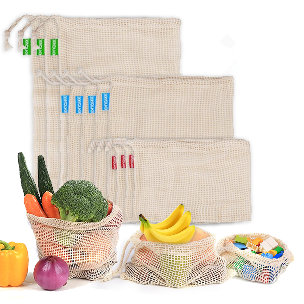 Produce Bag Reusable Mesh - ถุงเก็บอาหารแบบตะแกรงล้างทำความสะอาดได้สำหรับห้องครัวตาข่ายฝ้ายใช้ซ้ำได้สำหรับชั้นวางของในครัวถุงผ้าแบบมีหูรูดเพื่อสิ่งแวดล้อม
