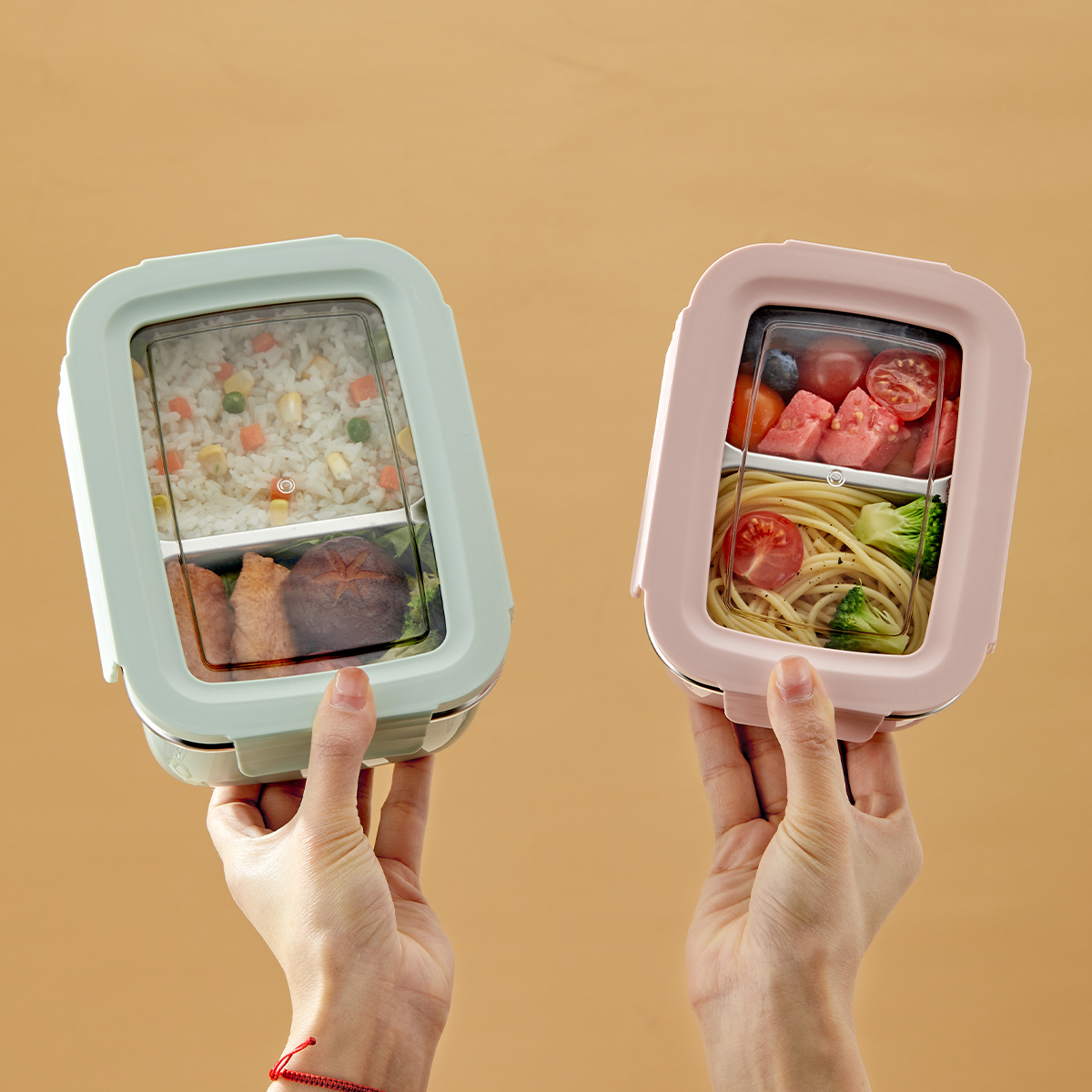 Food Storage Drawer Organizer - กล่องข้าวสแตนเลส 304 สำหรับไมโครเวฟ แบบแบ่งช่อง ซ้อนกันได้ ป้องกันการรั่วซึม