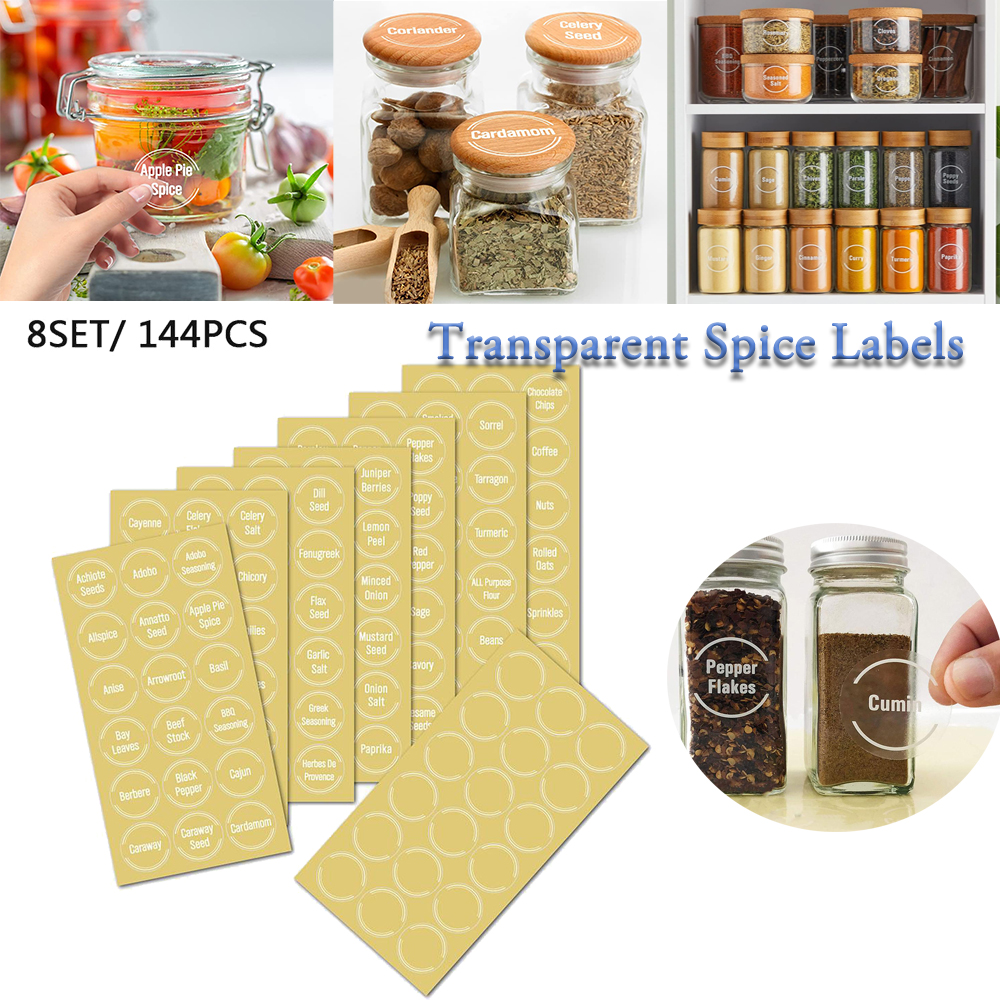 Food Storage Name - 144 ชิ้น/ชุด ป้ายติดขวดเครื่องเทศแบบใส สำหรับจัดระเบียบขวดในครัว ป้ายติดอาหาร กันน้ำ