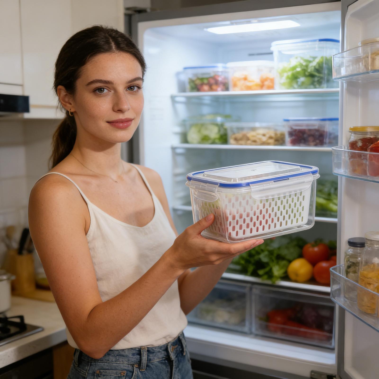 Food Storage Jar Set - ชุดกล่องเก็บผลไม้ 4-in-1 ป้องกันการรั่วซึม โปร่งใส พร้อมตะแกรงแบบถอดได้ อเนกประสงค์