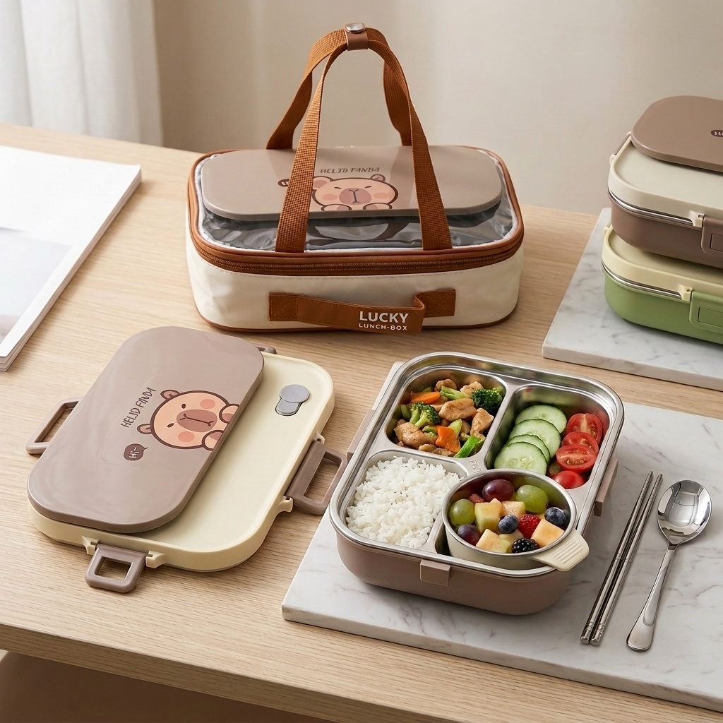 Food Storage Drawer Organizer - กล่องข้าวสแตนเลส 304 ชุด 4/5 ช่อง พร้อมชามซุปและชุดช้อนส้อม