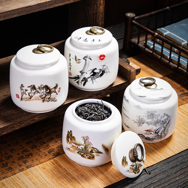 Food Storage Jars With Lids - ภูมิทัศน์คลาสสิกดอกไม้และนก Storage Jar เซรามิคชาแคดดี้ฝาปิดในครัวเรือนสีขาวปิดผนึก Nut Storage