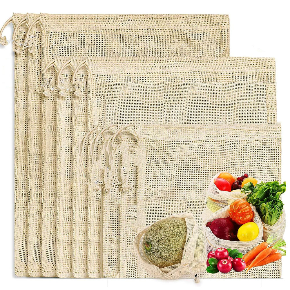 Produce Bag Reusable Mesh - 3pcs ผ้าฝ้ายตาข่ายผลิตถุงช้อปปิ้งล้างทําความสะอาดได้ Eco Premium สุทธิตาข่ายกระเป๋าสําหรับผักผลไม้ผักร้านขายของชํา Storage