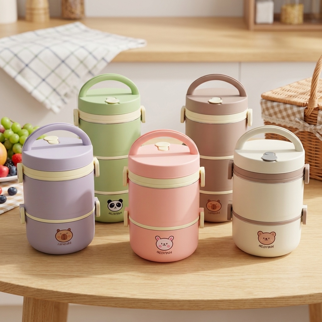 Food Storage Jar Set - กล่องอาหารกลางวันสแตนเลส 304 กล่องเบนโตะ ชุดกล่องเก็บอาหารแบบพกพาสำหรับเข้าไมโครเวฟ น่ารักสำหรับเด็ก นักเรียน
