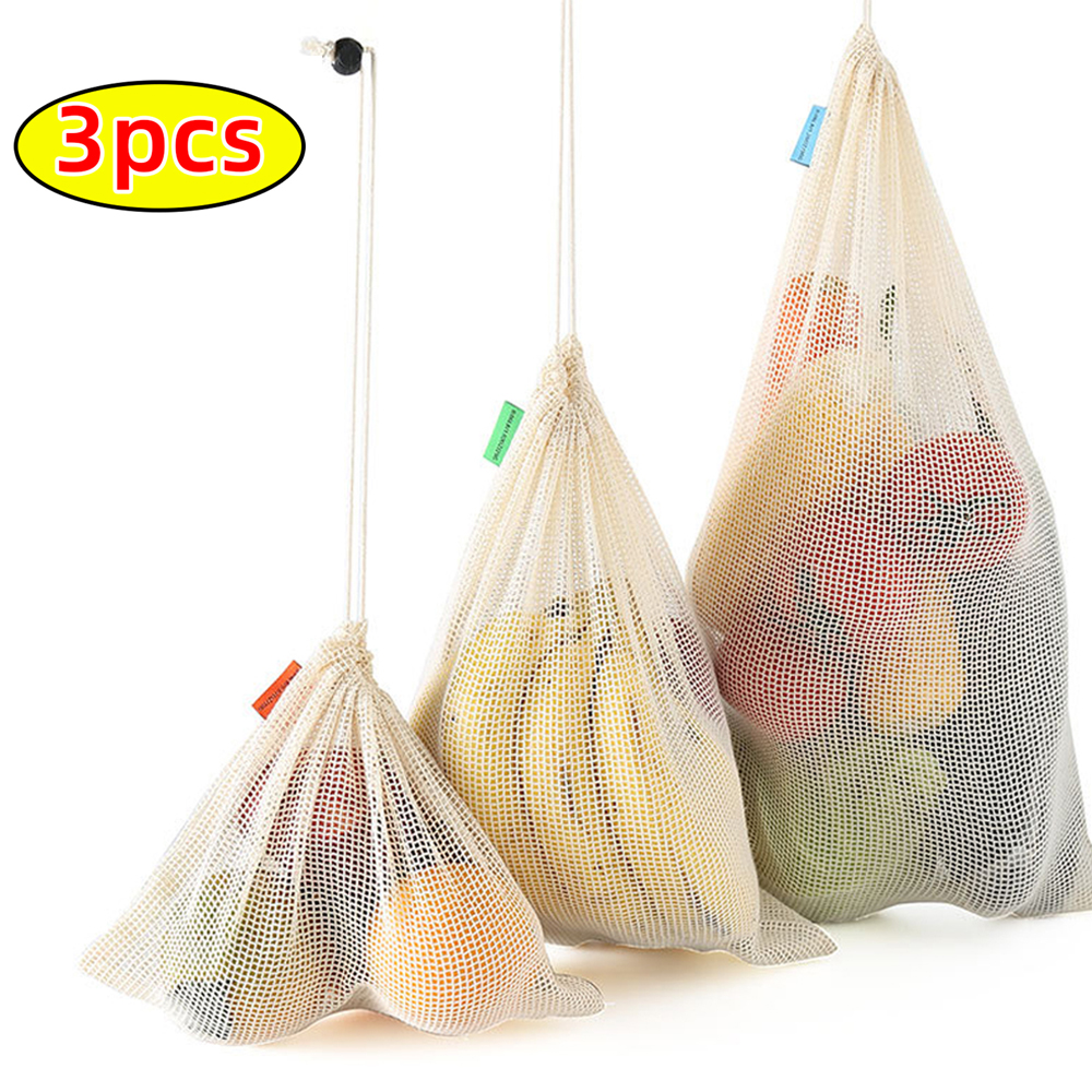Produce Bag Reusable Mesh - ถุงตาข่ายผ้าฝ้ายแบบใช้ซ้ำได้ 3 ชิ้น ถุงเก็บผักผลไม้แบบพับได้พร้อมเชือกรูด ถุงตาข่ายสำหรับเก็บของในครัวแบบรักษ์โลก