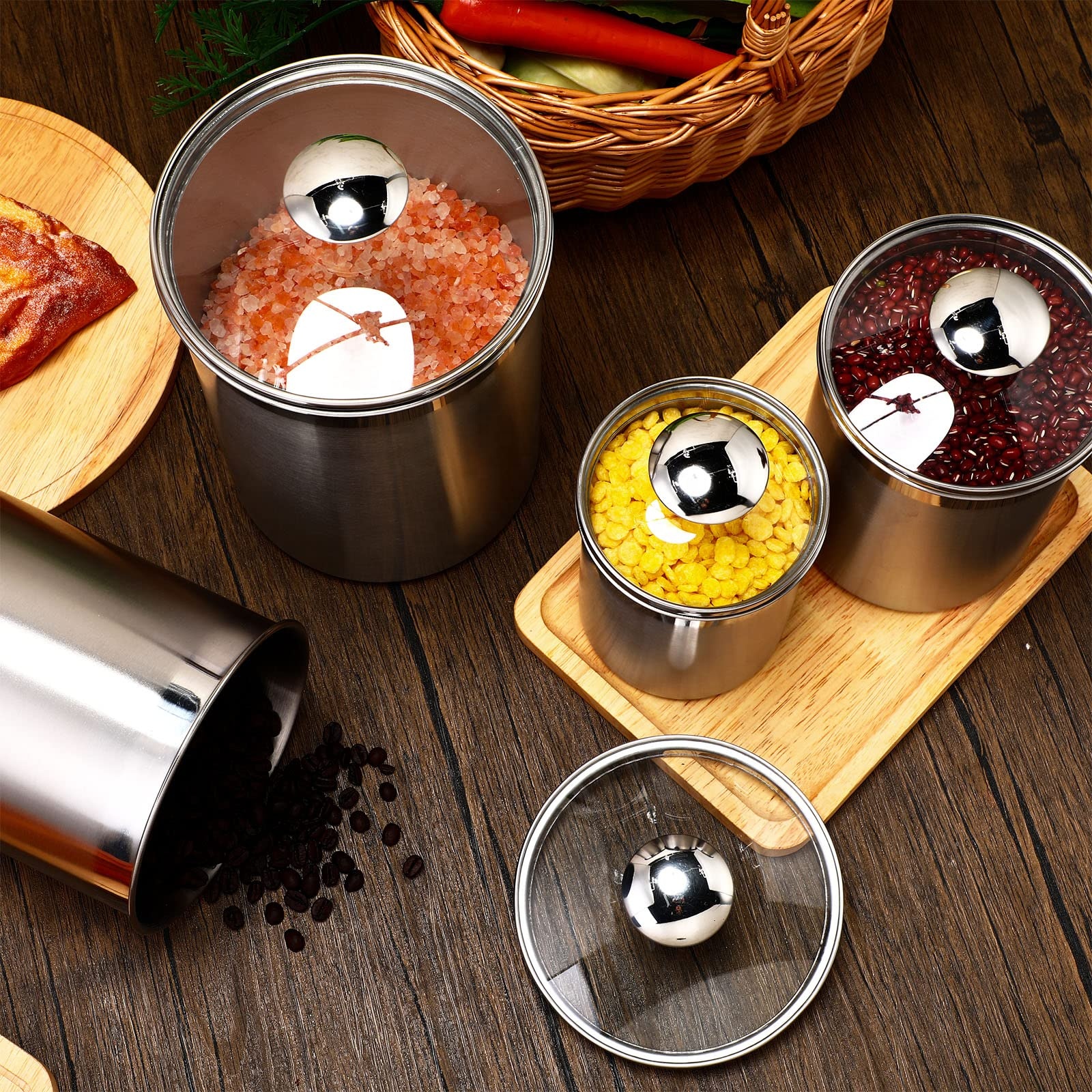 Food Storage Containers Set - ชุดกระป๋องเก็บอาหารสแตนเลสสำหรับชา กาแฟ น้ำตาล แป้ง ปิดผนึกกันอากาศ พร้อมฝาแก้ว