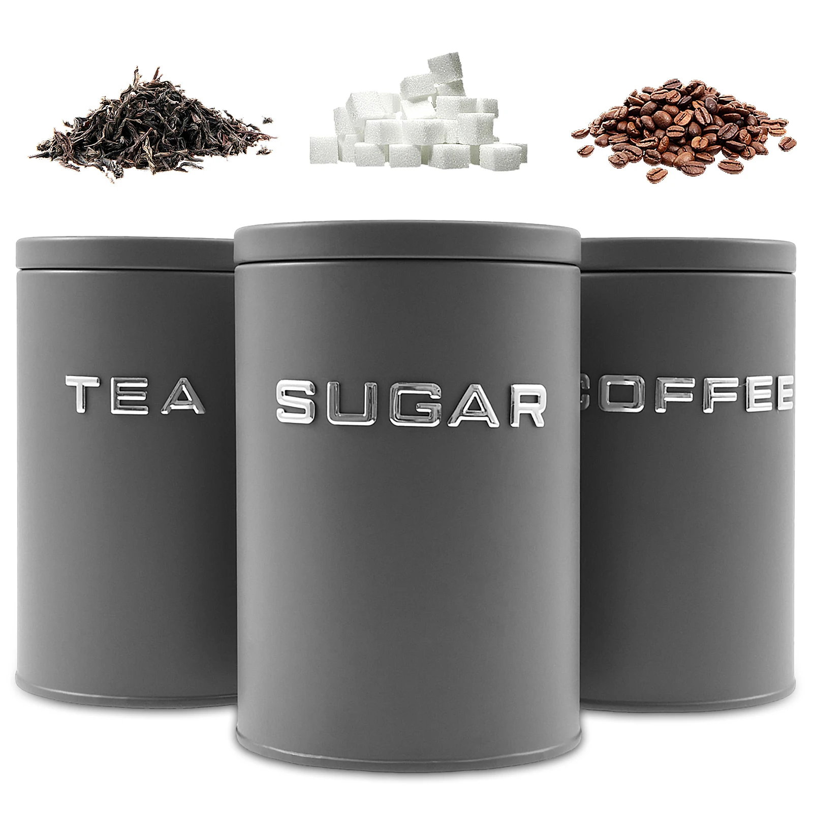 Food Storage Jars With Lids - กระป๋องเก็บชา กาแฟ น้ำตาล 3 ชิ้น ทำจากโลหะทรงกลม