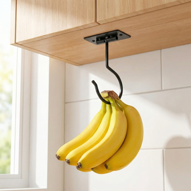 Food Storage Drawer Organizer - ตะขอแขวนกล้วยแบบติดผนังโลหะสีดำ พับเก็บได้ ช่วยประหยัดพื้นที่ ใช้จัดระเบียบอาหารในตู้ครัว 1-2 ชิ้น