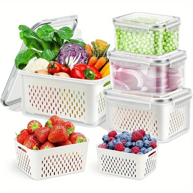 Food Storage Jar Set - ชุดกล่องเก็บอาหารในตู้เย็นพร้อมฝาปิดและที่กรอง สำหรับเก็บผักผลไม้เนื้อสัตว์ ช่วยรักษาความสด