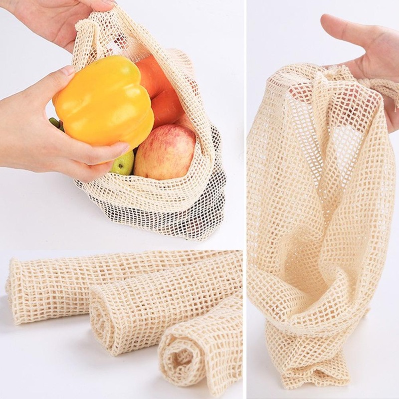 Produce Bag Reusable Mesh - ถุงตาข่ายใส่ผักผลไม้แบบใช้ซ้ำได้ 3 ชิ้น/ชุด ทำจากผ้าฝ้าย พร้อมเชือกรูด